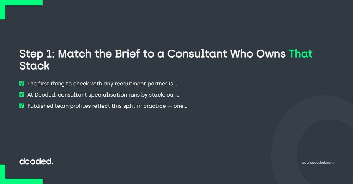 Step 1: Match the Brief to a Consultant Who Owns That Stack — dcoded. Manchester tech recruitment
